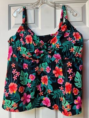 Swimsuits For All Black Floral Tankini Top with Pink & Teal Accents
